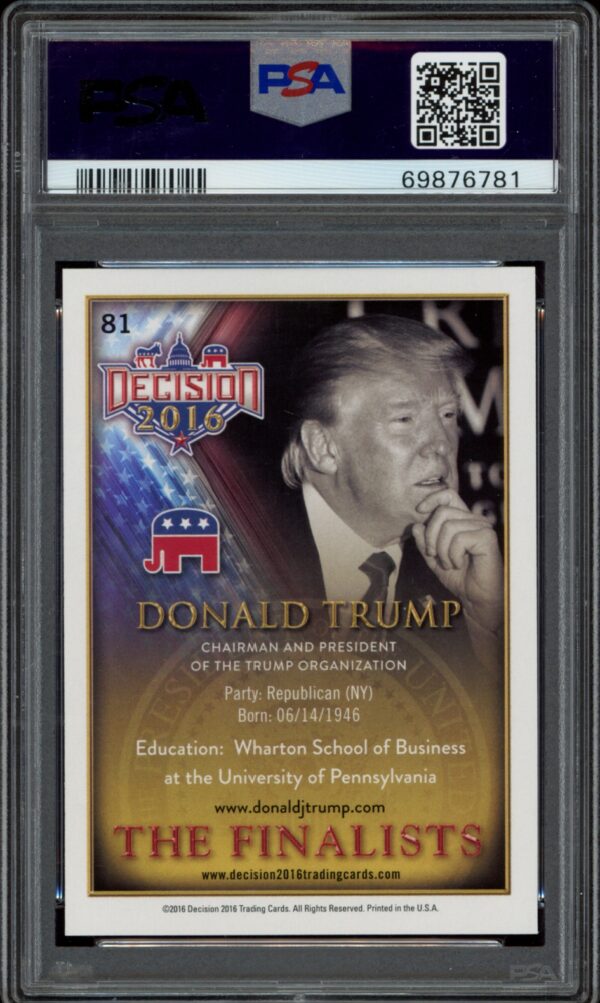 PSA graded 8 collectible card featuring 45th President Donald Trump from the 2016 Decision series.