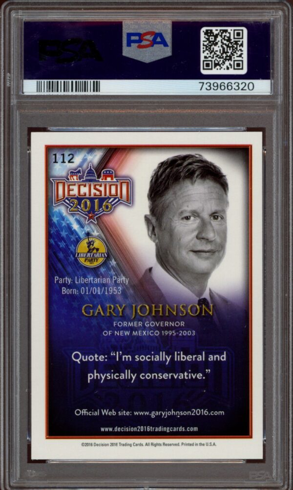 PSA-graded 2016 Leaf Decision card featuring Governor Gary Johnson.