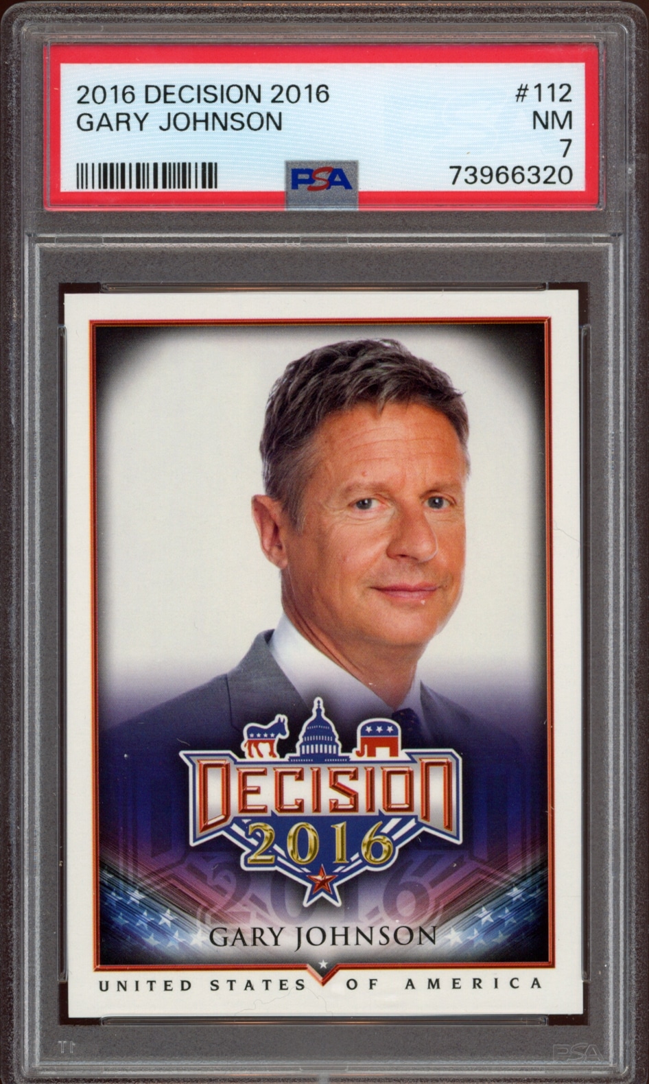 2016 Leaf Decision collectible card featuring political figure Gary Johnson in mint condition.