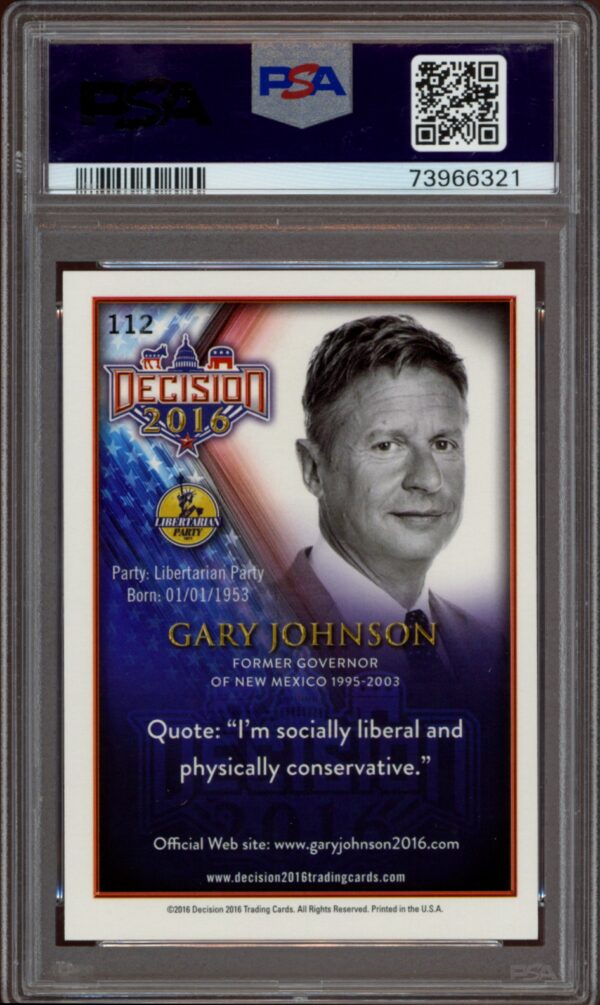 PSA-graded 2016 Leaf Decision card featuring Libertarian Gary Johnson.