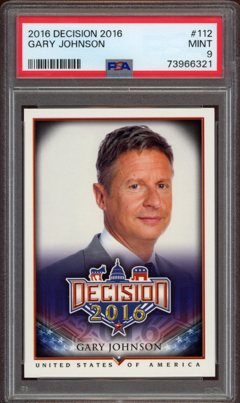 Gary Johnson collectible card from Decision 2016 series, rated MINT 9 by PSA.