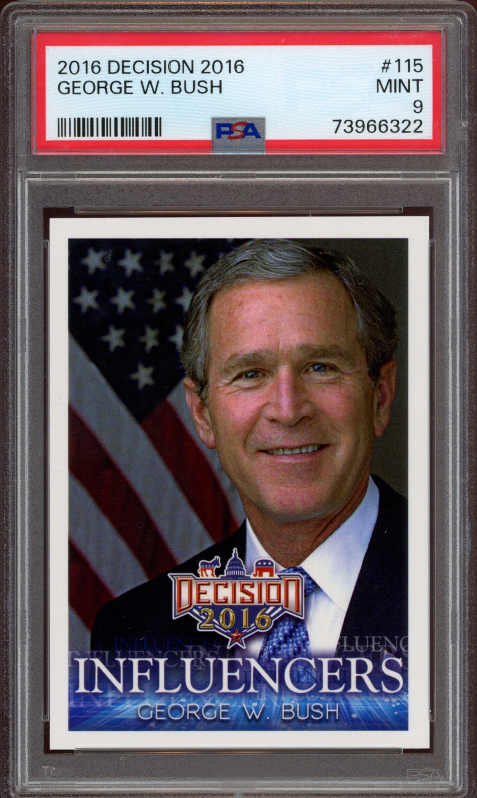 2016 Decision collectors card featuring George W. Bush, graded mint 9 by PSA.