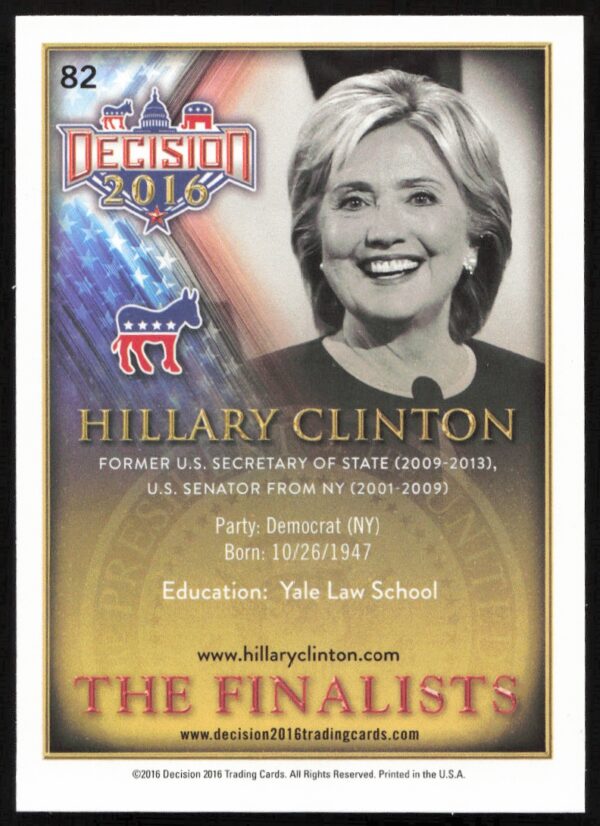 2016 Leaf Decision Hillary Clinton The Finalists #82 (Back)