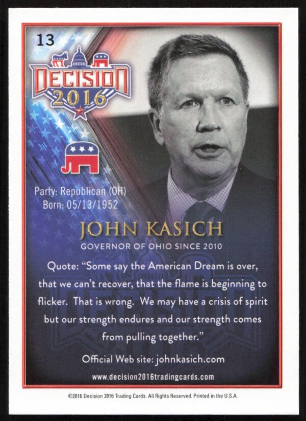 2016 Leaf Decision John Kasich #13 (Back)