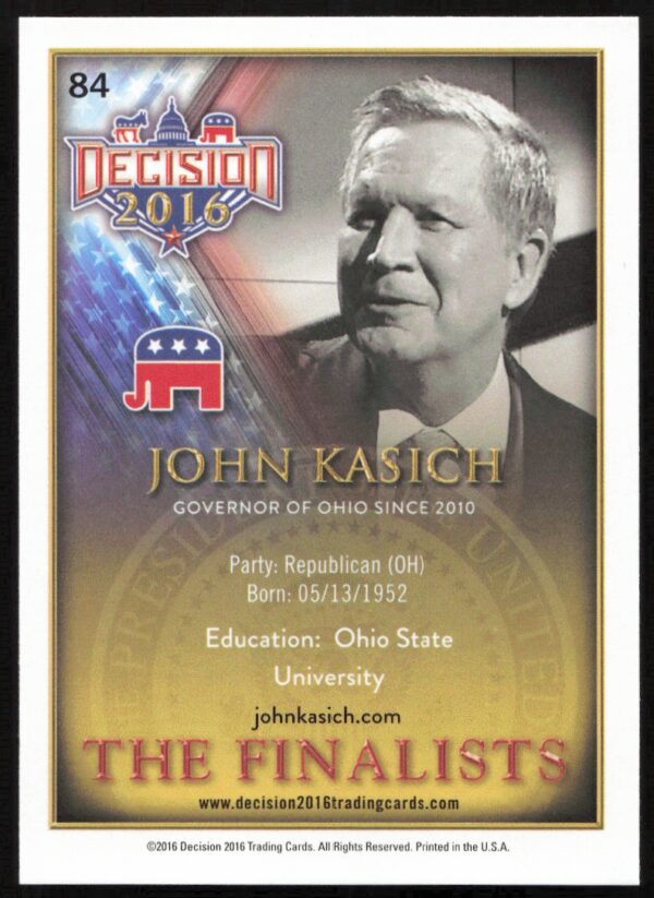 2016 Leaf Decision John Kasich The Finalists #84 (Back)