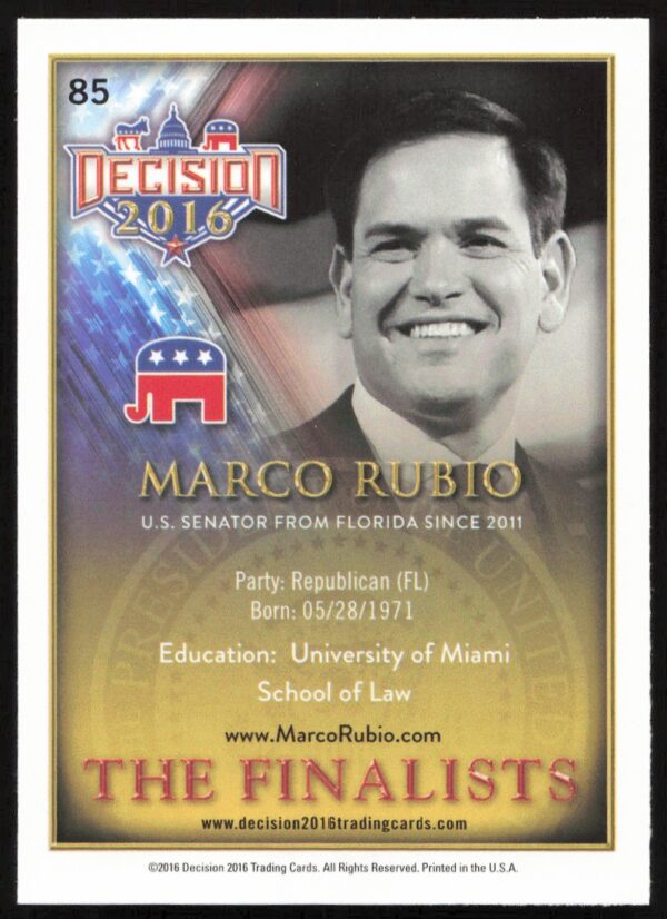 2016 Leaf Decision Marco Rubio The Finalists #85 (Back)