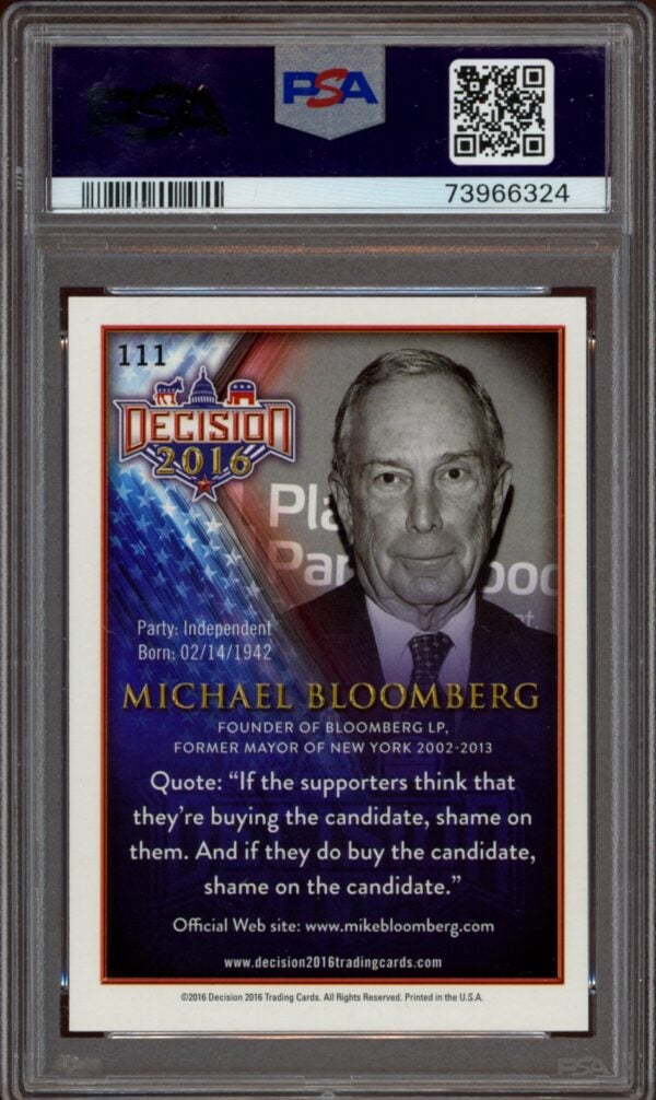 PSA-certified 2016 Leaf Decision Michael Bloomberg collectible card with American flag background.