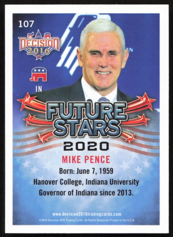 2016 Leaf Decision Mike Pence Future Stars #107 (Back)