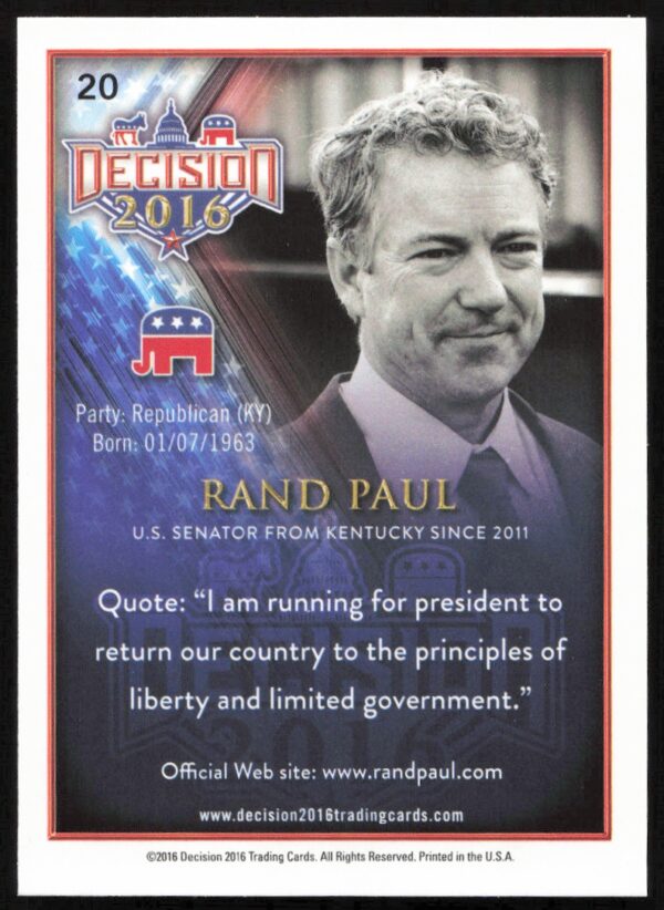 2016 Leaf Decision Rand Paul #20 (Back)