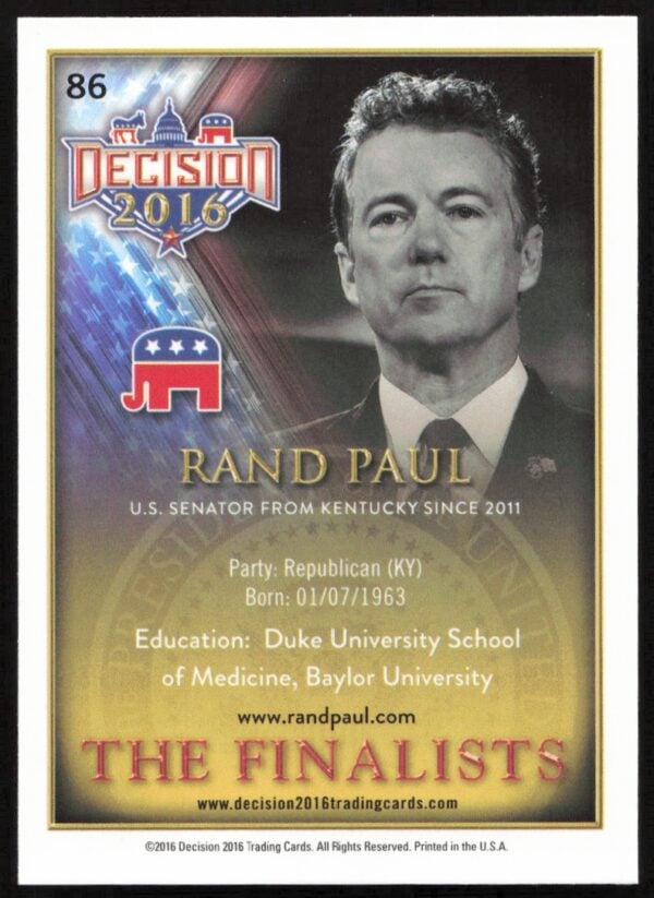 2016 Leaf Decision Rand Paul The Finalists #86 (Error on Back - Card Number Incorrect) (Back)