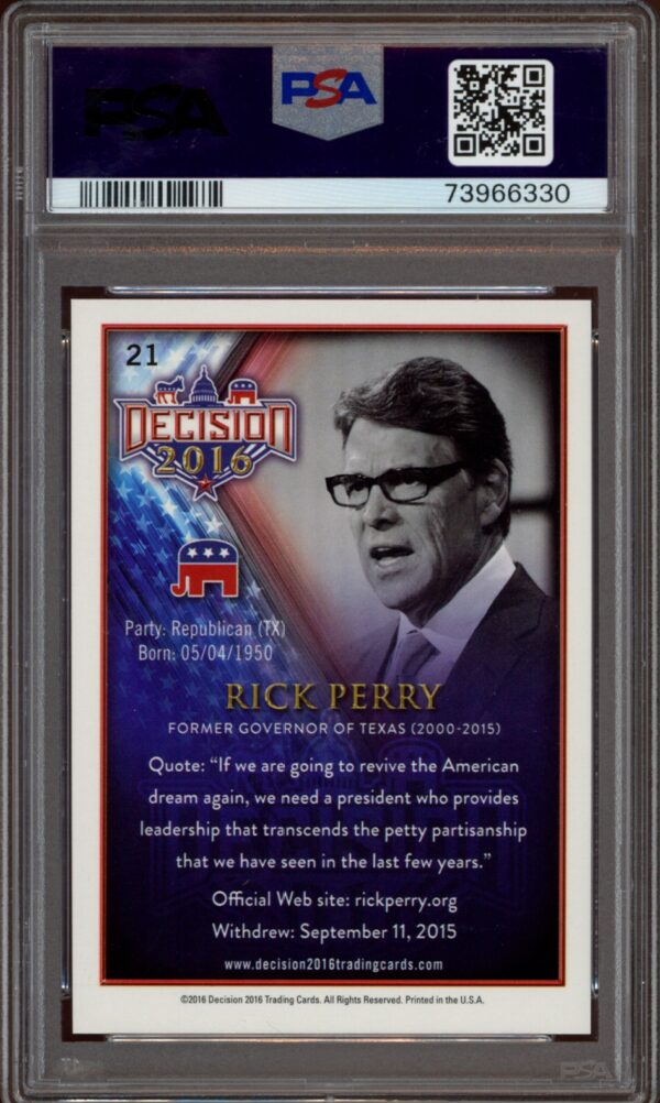 PSA graded 2016 Leaf Decision card featuring politician Rick Perry.