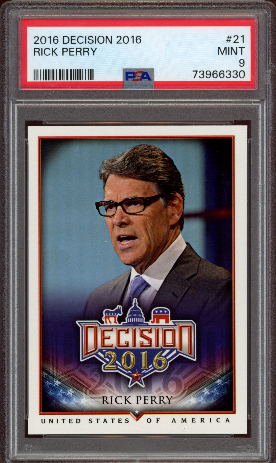 PSA 9 graded 2016 Decision trading card featuring Rick Perry in a vibrant American flag motif.