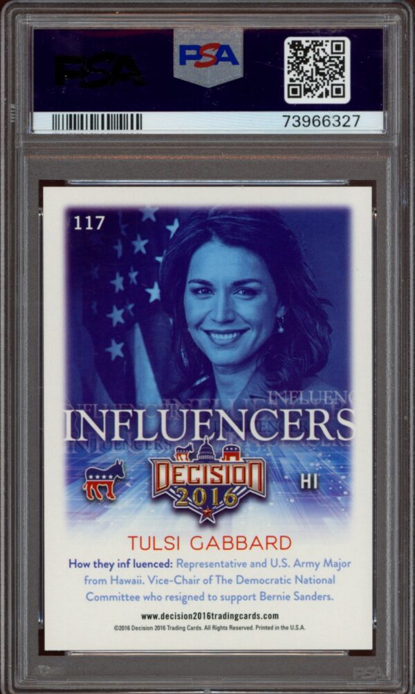 PSA-graded 2016 Tulsi Gabbard Influencer Trading Card, patriotic design.