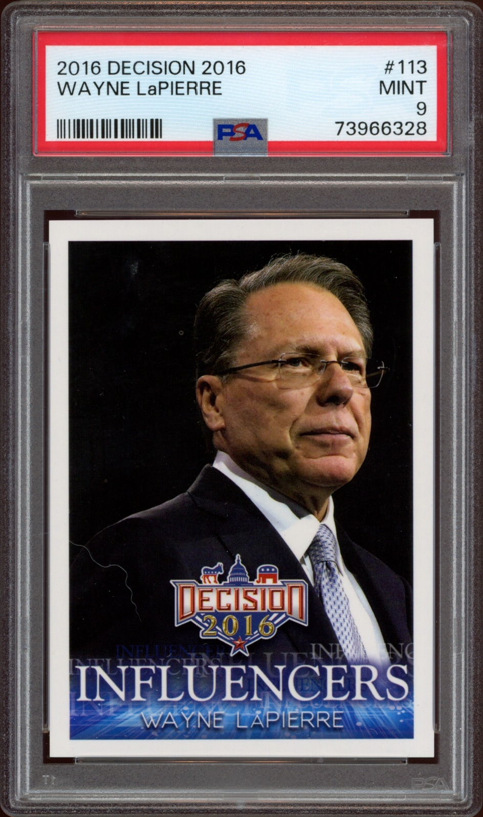 PSA 9 rated 2016 Leaf Decision trading card featuring influencer Wayne LaPierre.