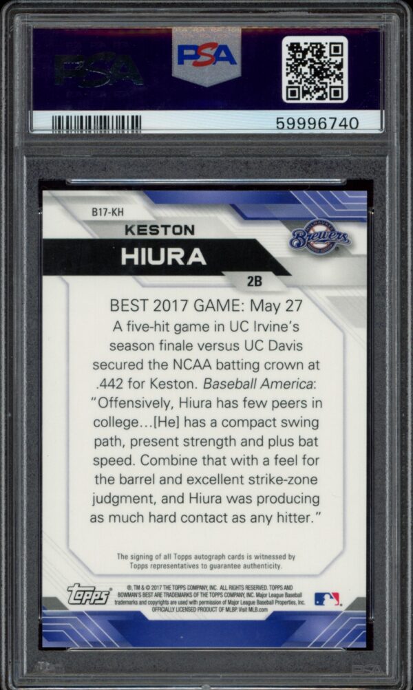 PSA-graded 2017 Keston Hiura baseball card highlighting his best game and skills.