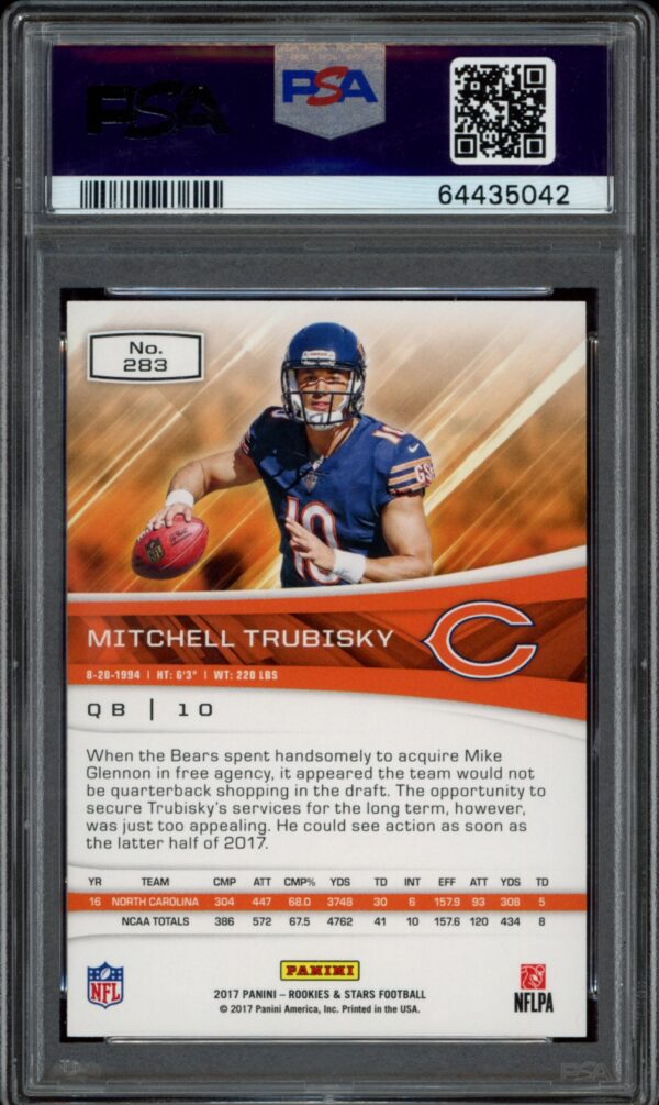 2017 Panini Mitchell Trubisky Rookie Card, PSA 10, Chicago Bears QB in action.