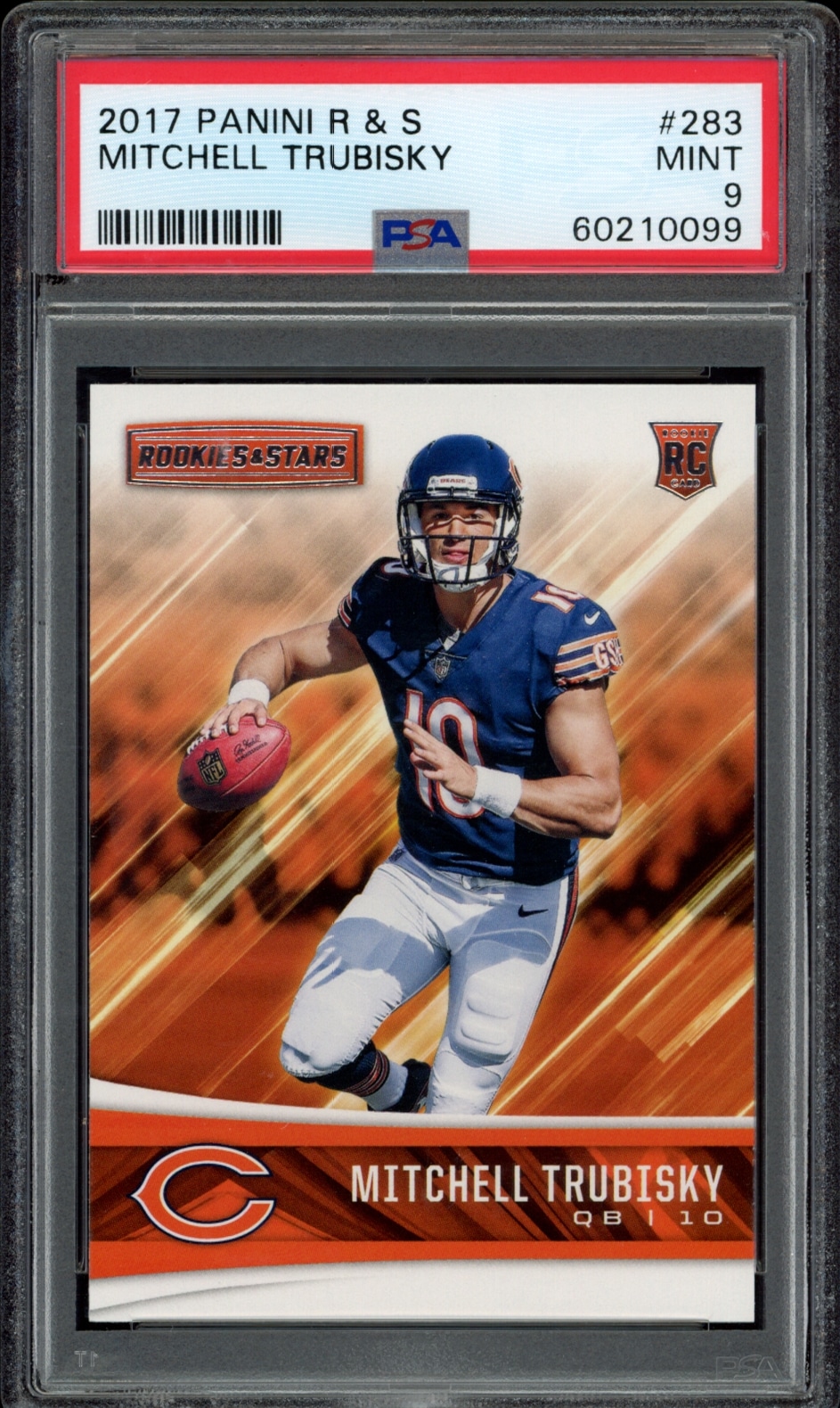 Mint 9 graded 2017 Panini card of NFLs Mitchell Trubisky in action.