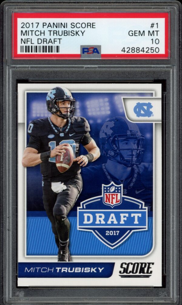 Mitch Trubisky 2017 Panini Score NFL Draft card in PSA 10 condition.