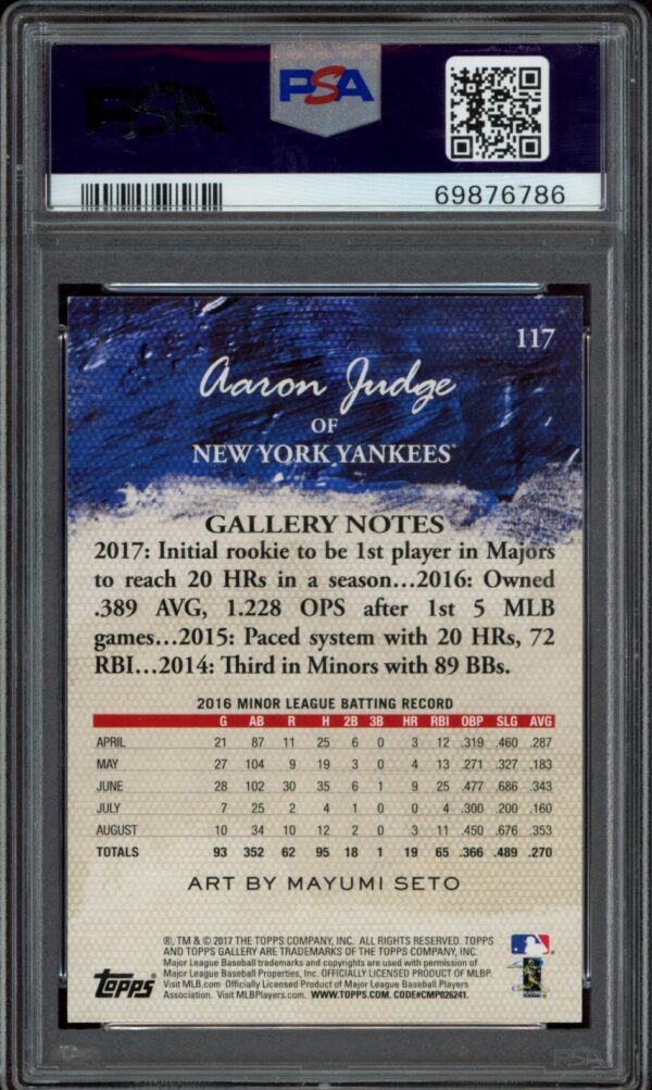 PSA-graded Aaron Judge 2017 Topps Gallery sports card in gem mint condition.