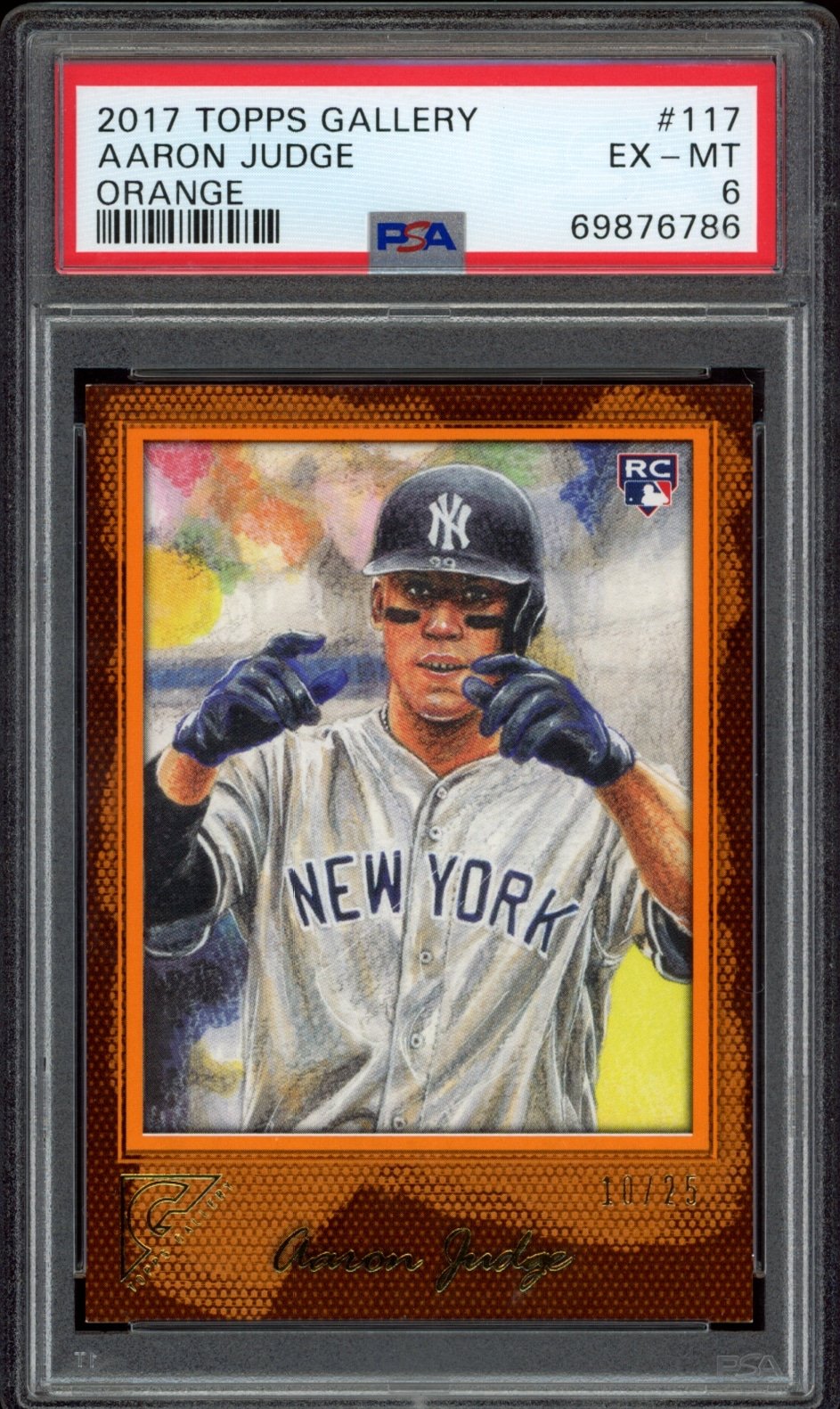 Aaron Judges 2017 Topps Gallery card #117, graded EX-MT 6 by PSA, in canvas orange design.