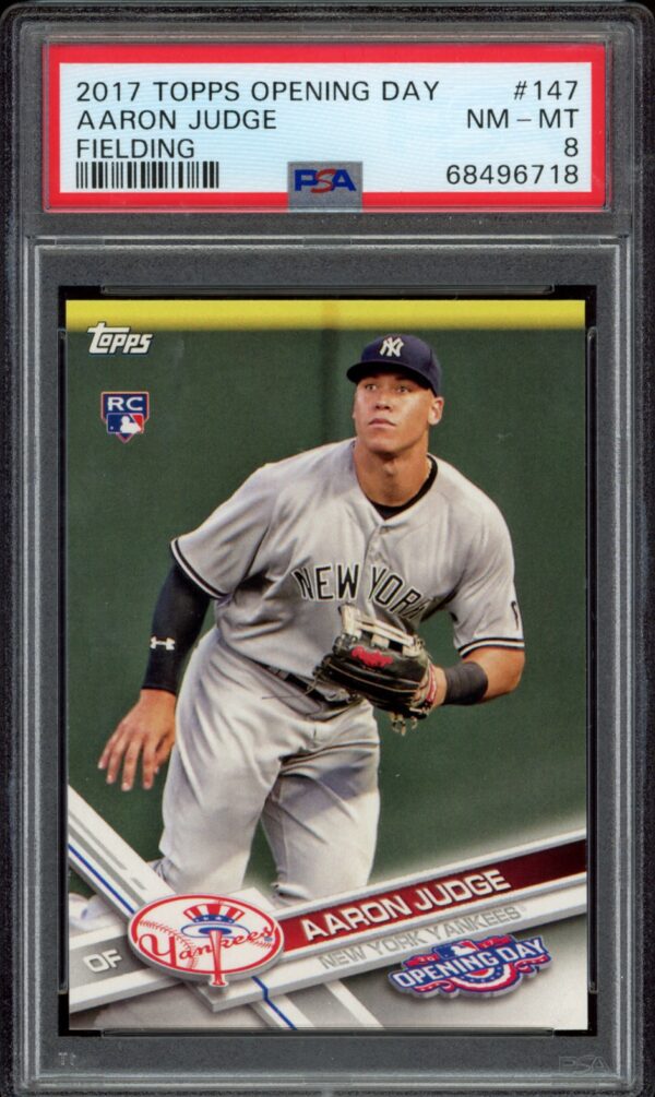 2017 Topps Opening Day card, Aaron Judge in action, graded NM-MT 8 by PSA.