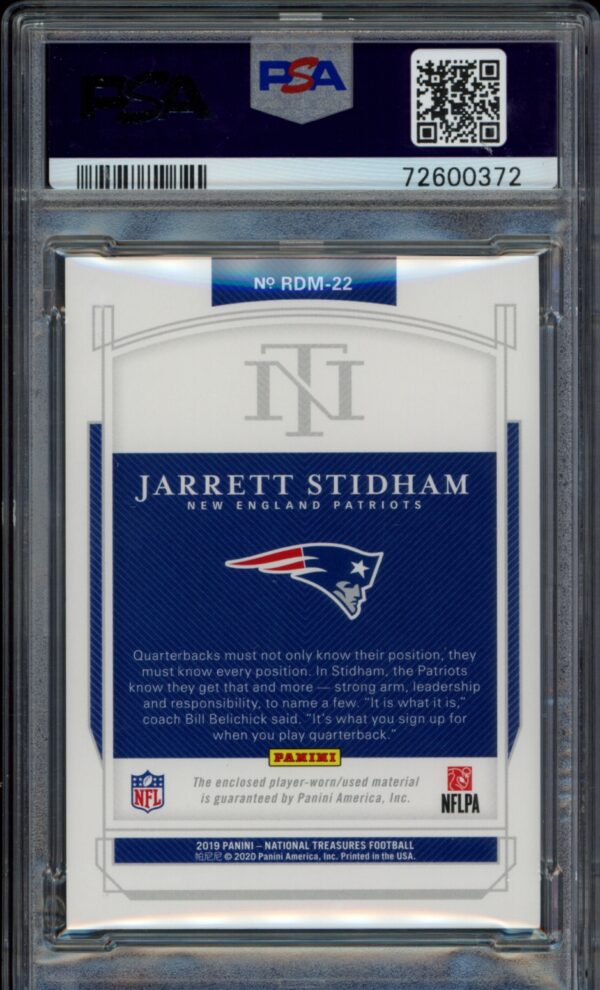 PSA-graded 2019 Panini NFL card of Jarrett Stidham from New England Patriots.