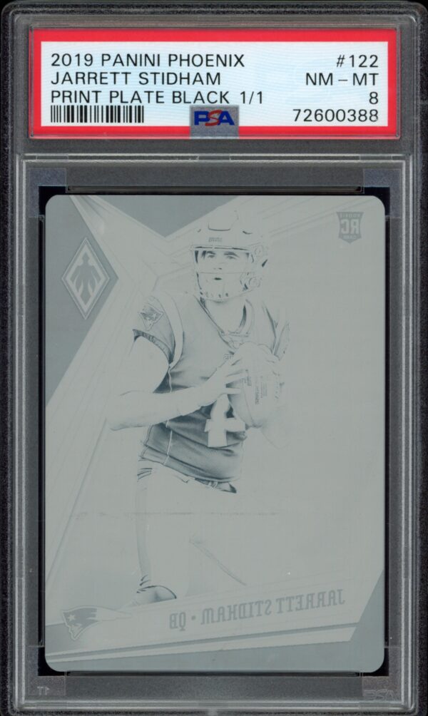 PSA-graded 2019 Panini Phoenix Jarrett Stidham Black Print Plate Card in Near Mint condition.