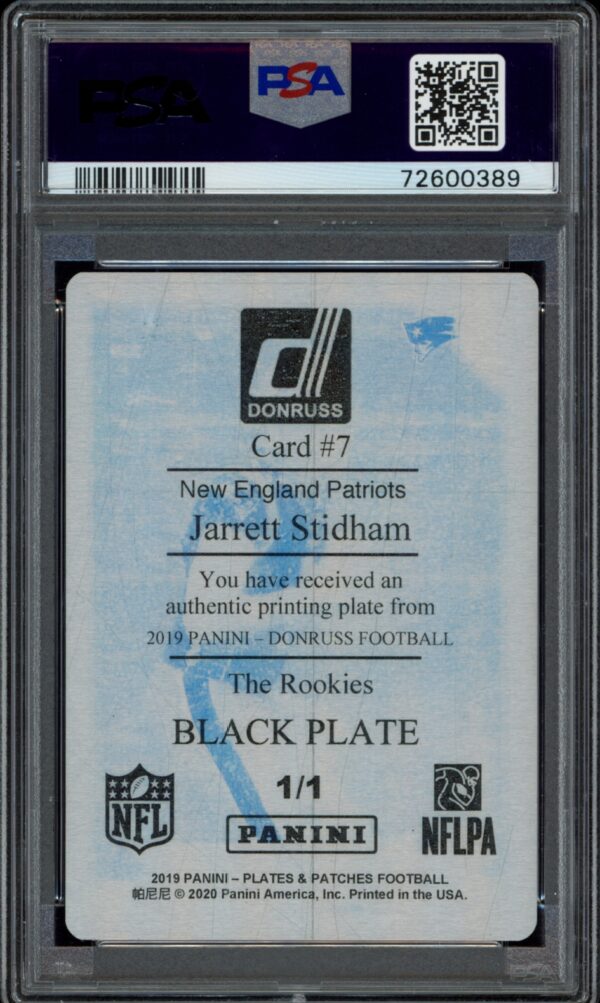 Rare 2019 Jarrett Stidham Rookie Black Printing Plate Card, graded PSA 7.