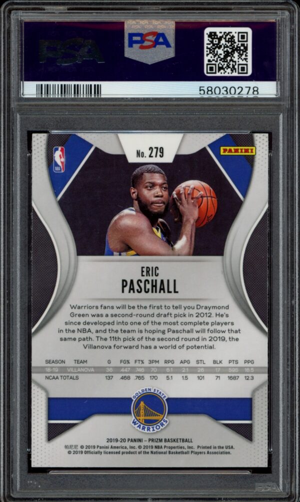 2019 PSA 10 graded Panini Prizm card of Eric Paschall in Warriors jersey.