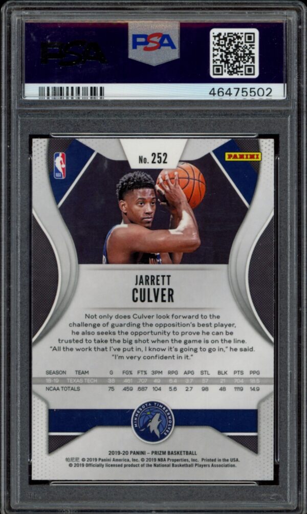 PSA-graded 2019 Panini Prizm card featuring NBA player Jarrett Culver in action.