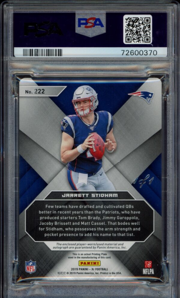 PSA-graded 2019 Panini XR card featuring Jarrett Stidham in Patriots jersey.