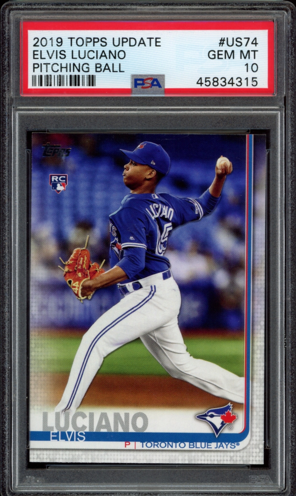 Toronto Blue Jays pitcher Elvis Luciano on 2019 Topps Update baseball card #US74, graded GEM MT 10.