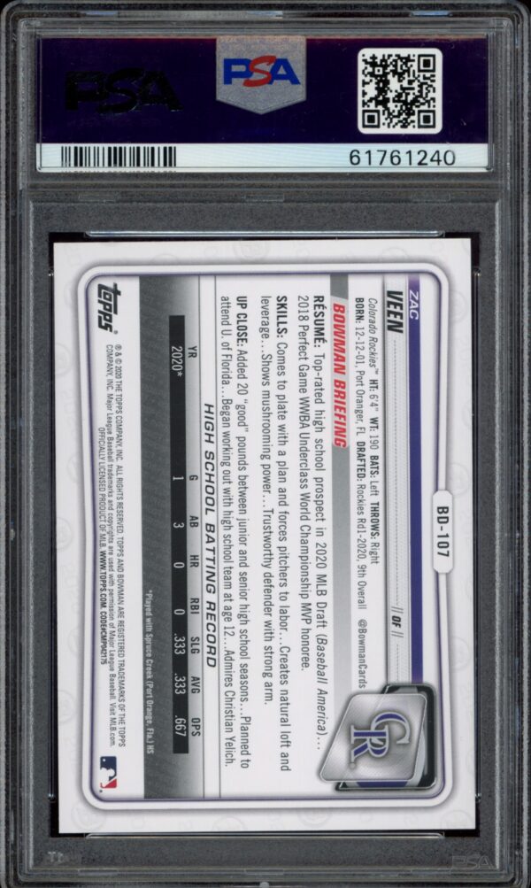 PSA graded 2020 Bowman Draft Zac Veen trading card #BD-107.