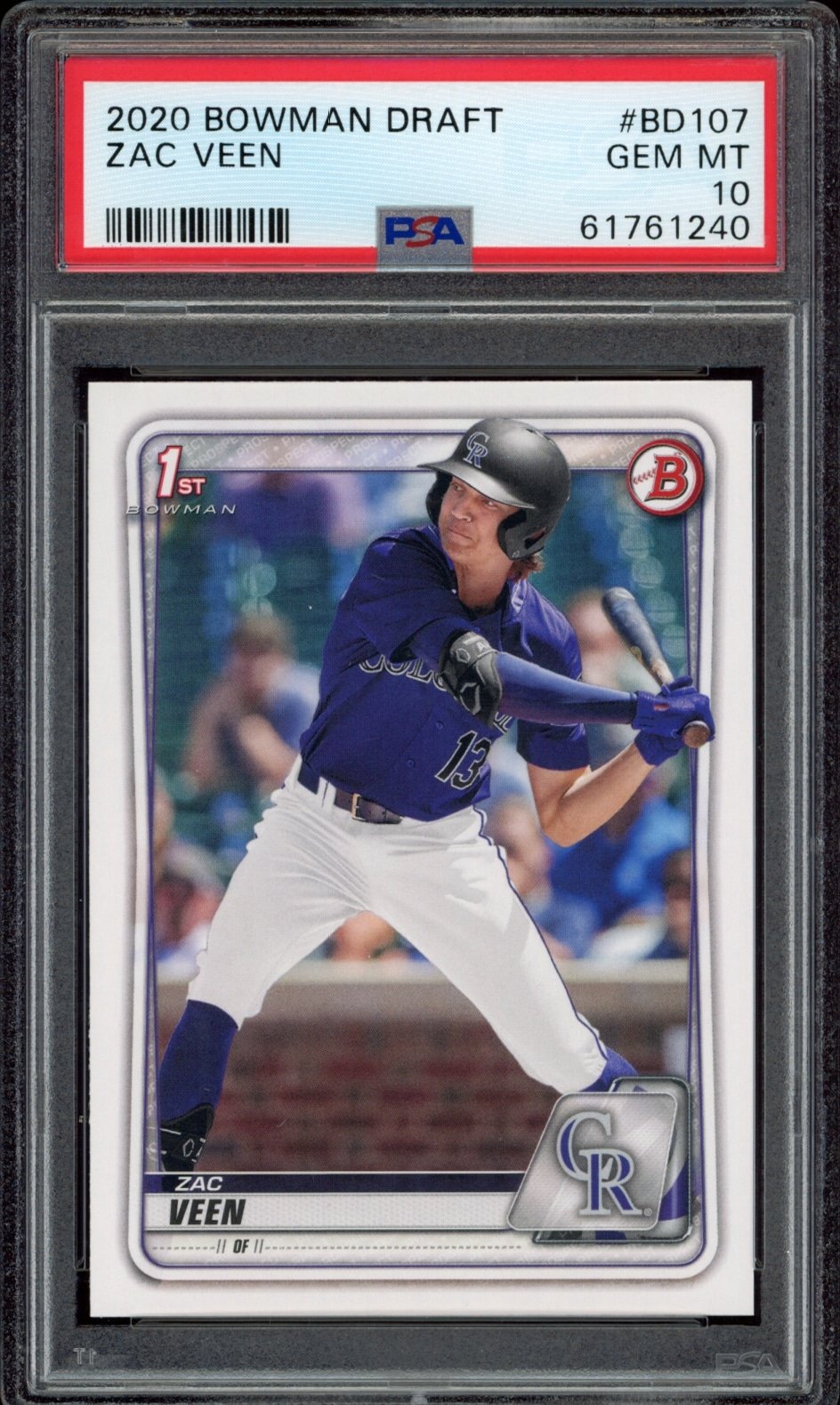 Graded PSA 10 2020 Bowman Draft card of Colorado Rockies player Zac Veen in action.