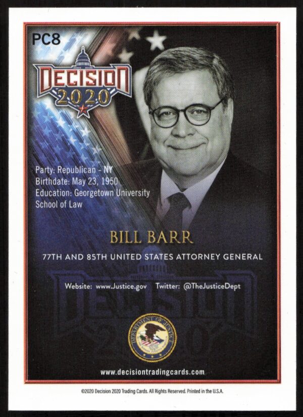 2020 Leaf Decision Bill Barr Promo #PC8 (Back)