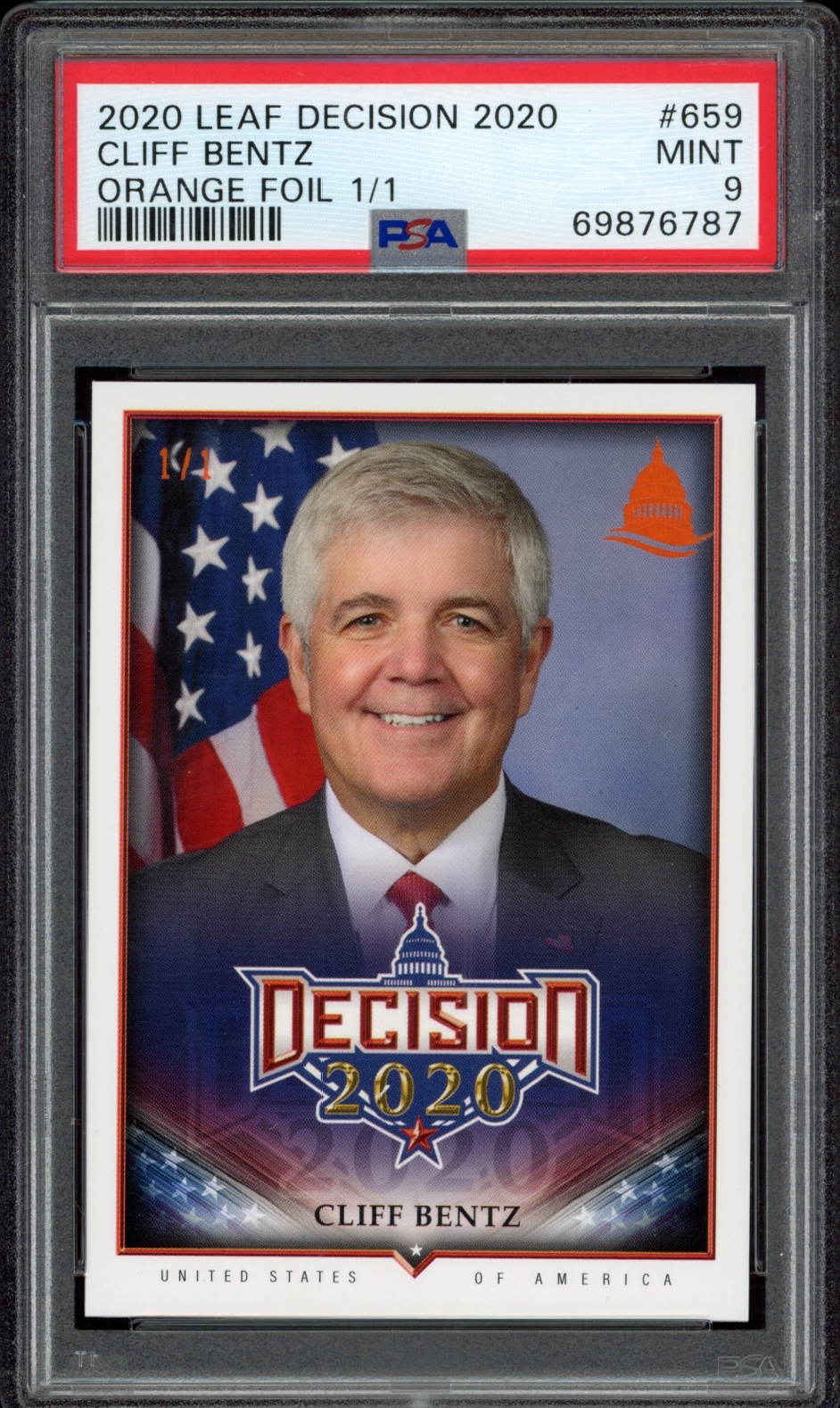 2020 Leaf Decision trading card featuring Cliff Bentz, rated MINT 9 by PSA.