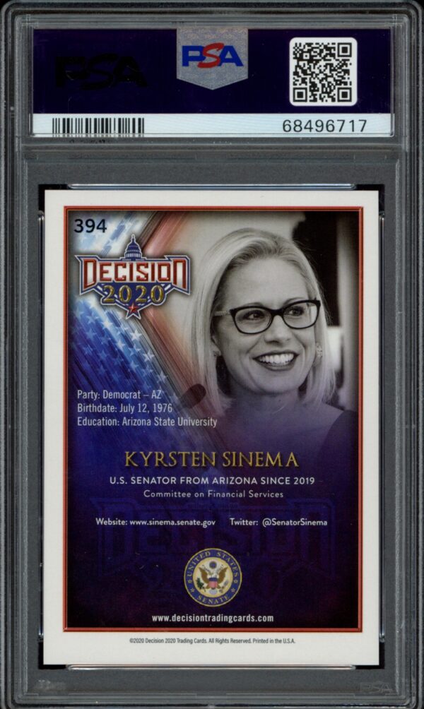 2020 PSA graded Leaf Decision Kyrsten Sinema collectible card with patriotic design.