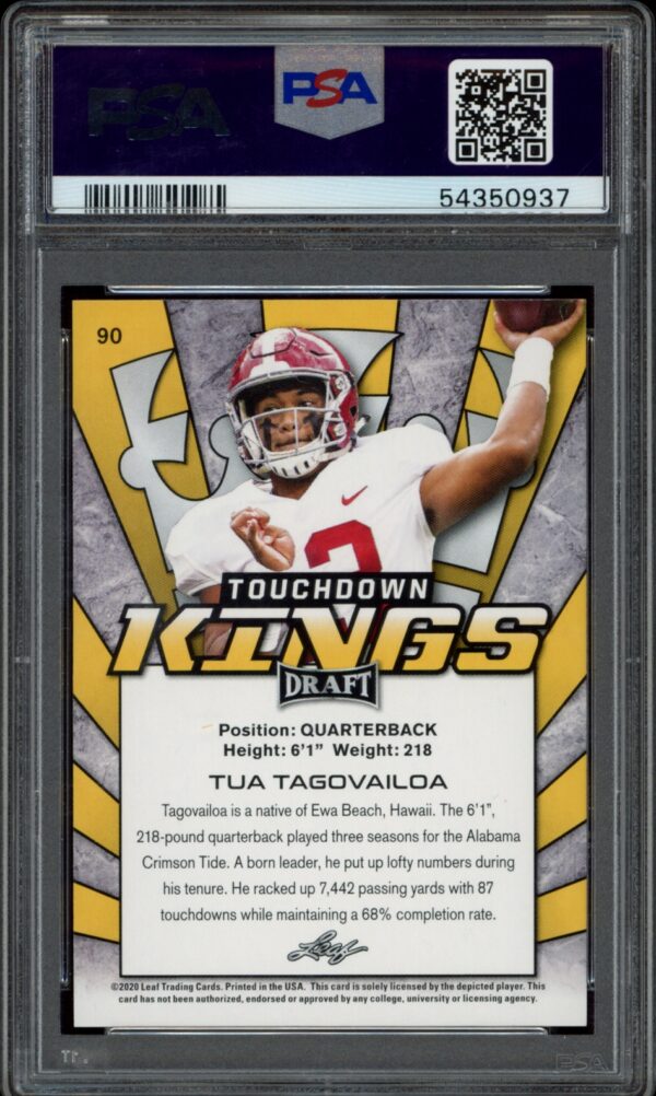 PSA-graded 2020 Leaf Draft card featuring Tua Tagovailoa in action with autograph.