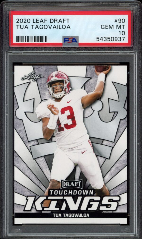 Tua Tagovailoa in action on a 2020 Leaf Draft graded trading card, PSA GEM MT 10.