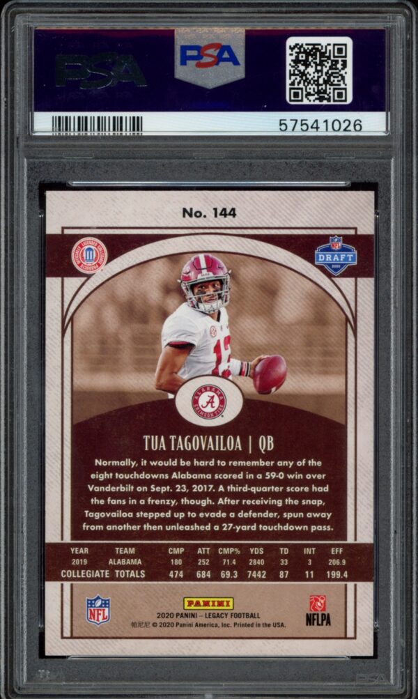 PSA-graded 2020 Panini Legacy card featuring college football player Tua Tagovailoa.