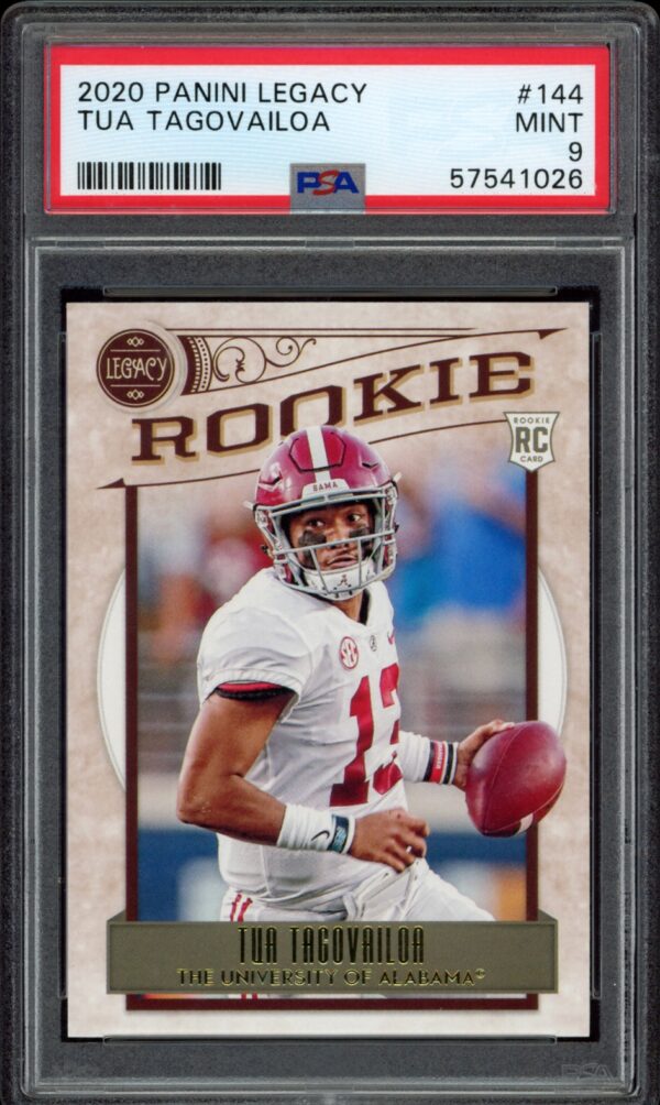 Tua Tagovailoas MINT 9 rated 2020 Panini Legacy rookie card in protective PSA case.