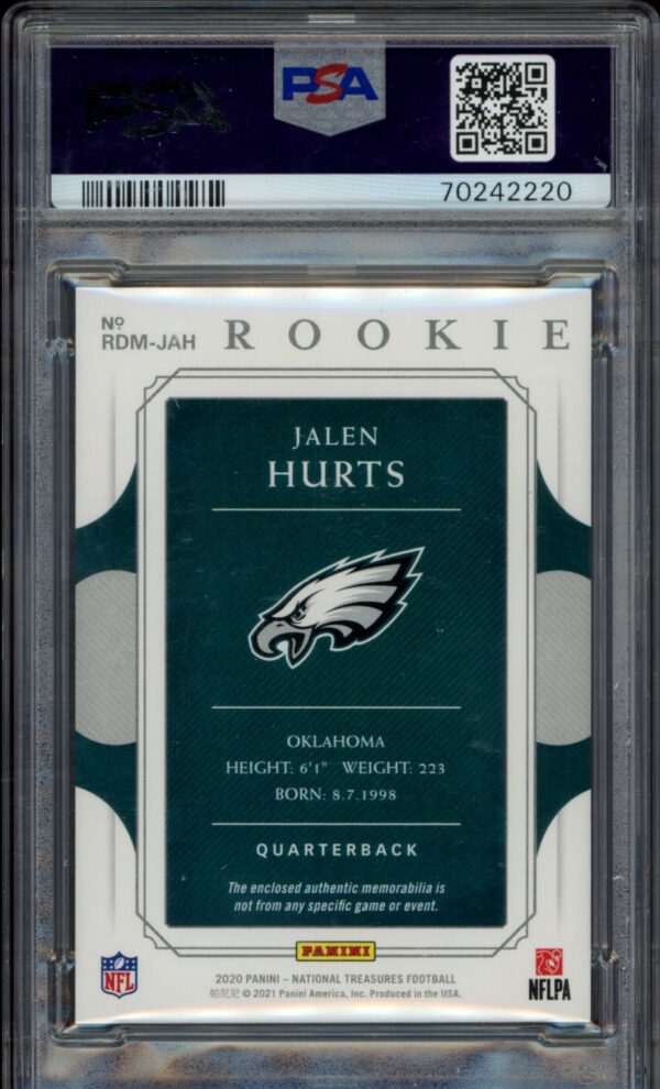 PSA-graded Jalen Hurts rookie card from 2020 Panini National Treasures series.