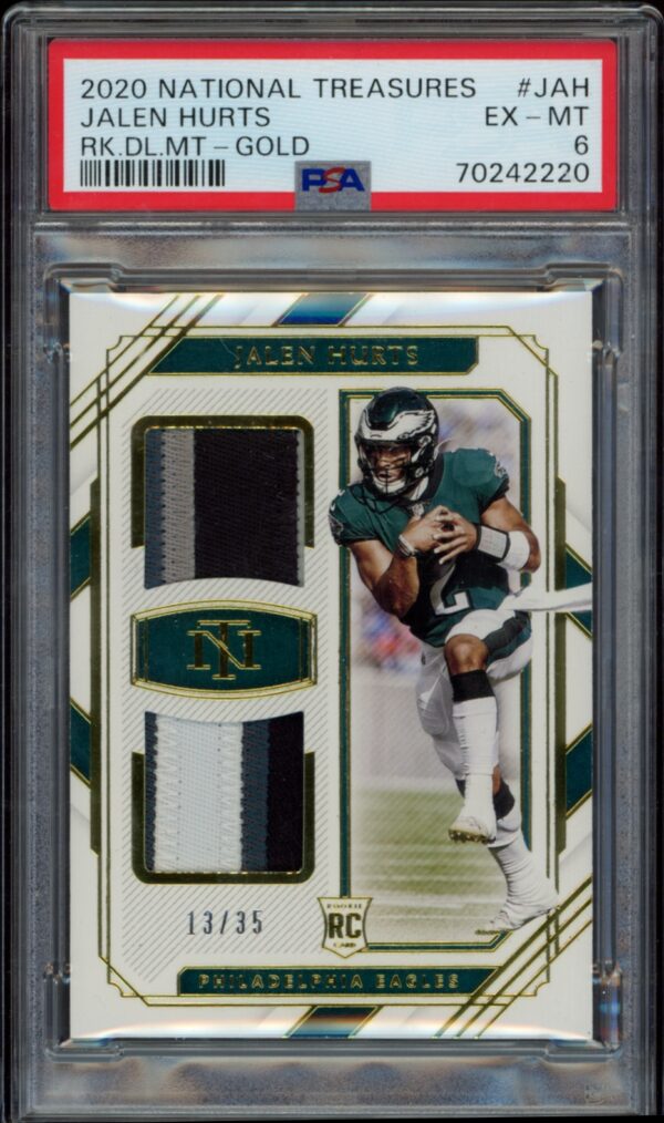Jalen Hurts 2020 Panini National Treasures Rookie card with jersey patches, graded PSA 6.