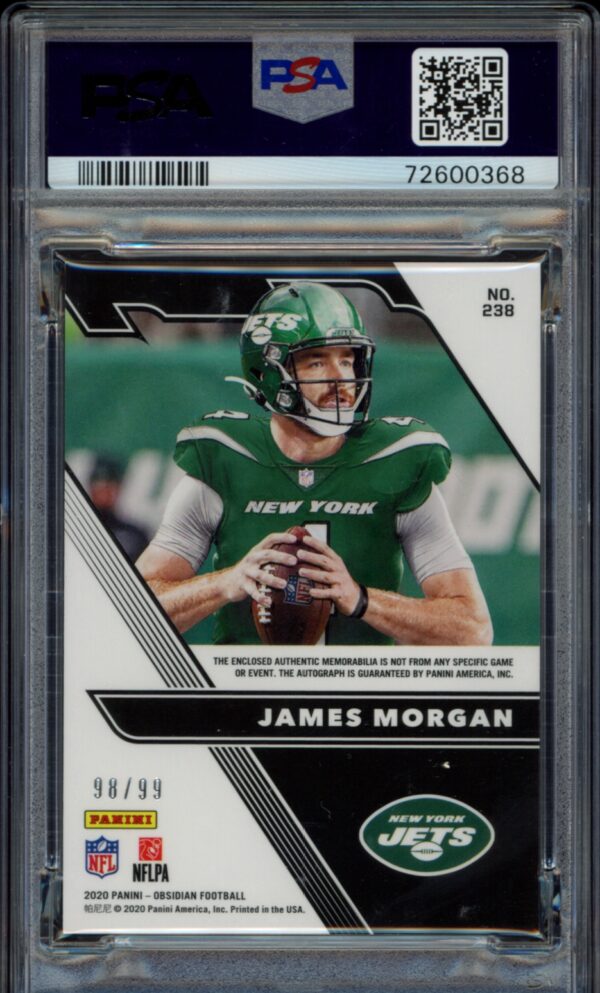 PSA-graded James Morgan Jets card from 2020 Panini Obsidian series, NM-MT 8 condition.