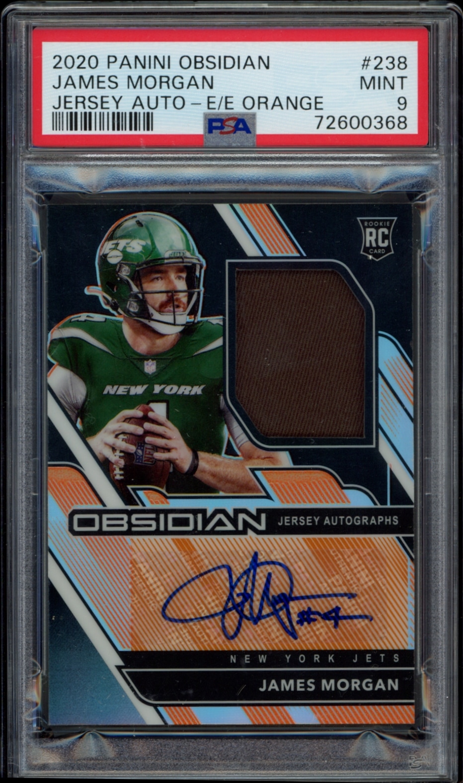 James Morgans 2020 Panini Obsidian Rookie Jersey Auto Card, graded Mint 9 by PSA.