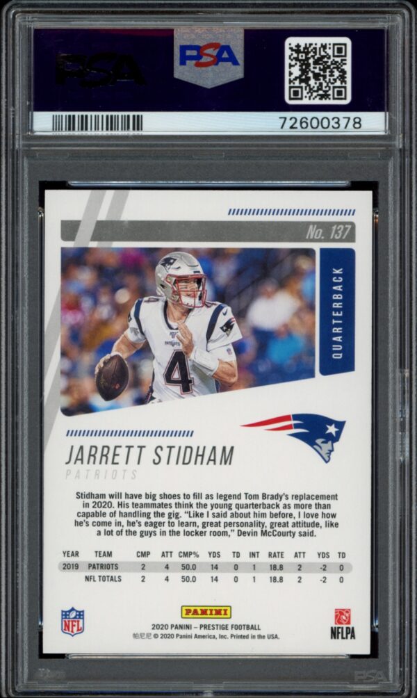 PSA-graded 2020 Panini Prestige football card featuring Jarrett Stidham of the New England Patriots.