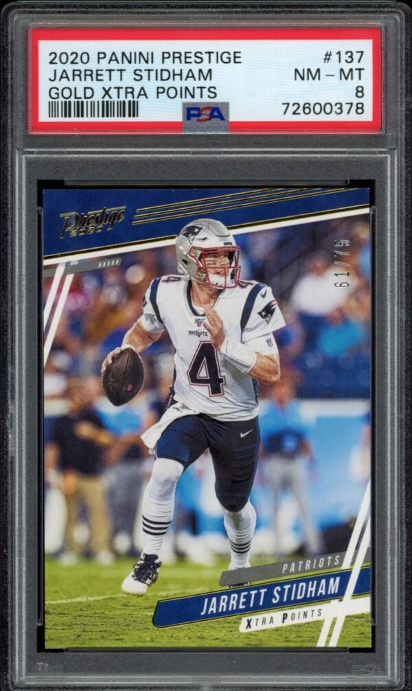 PSA-graded Jarrett Stidham 2020 Panini Prestige Gold XTRA Points card in NM-MT 8 condition.