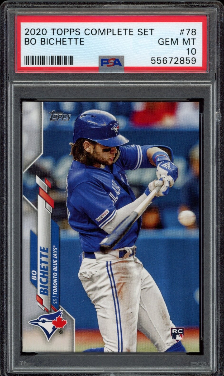 PSA 10 rated 2020 Topps Baseball Card featuring Toronto Blue Jays player, Bo Bichette.
