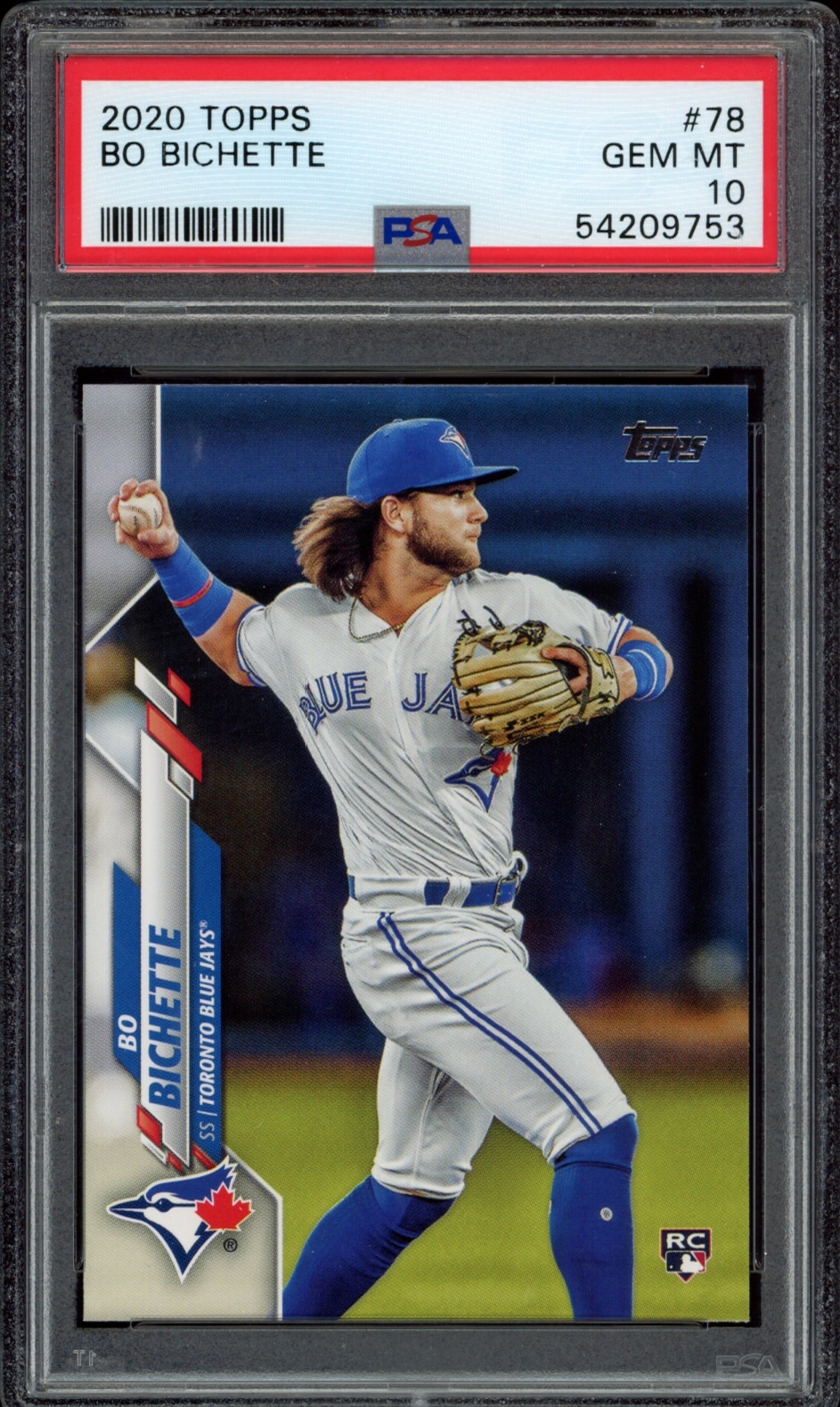 PSA 10 graded 2020 Topps Series card featuring Toronto Blue Jays player Bo Bichette in action.