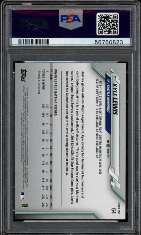 PSA-graded 2020 Topps Series 1 Kyle Lewis #64 card showcased in a protective slab.